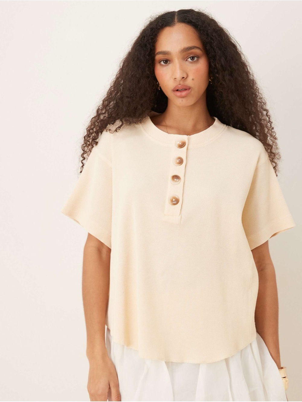 ASOS DESIGN Cream Heavy Waffle Knit Henley Top Lagenlook Boho 📐S